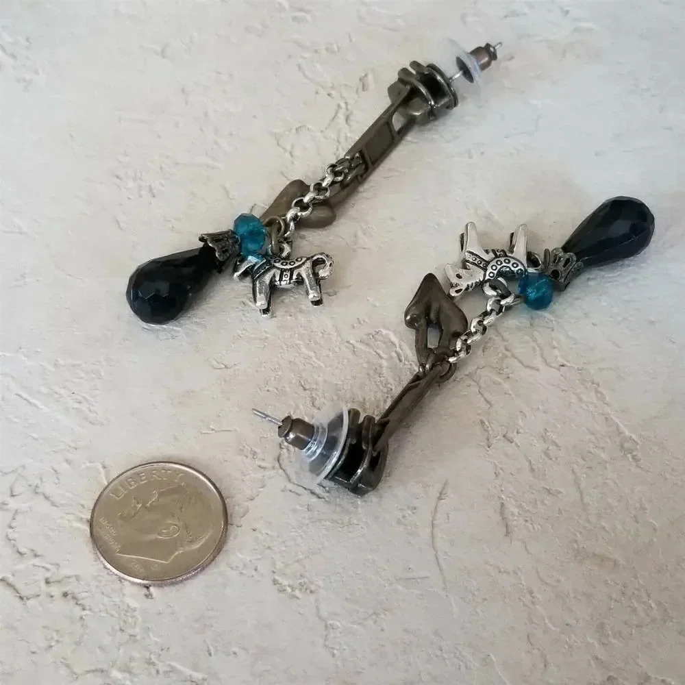 Antique Brass Zipper and Heart Baubles Black Teal Blue Dangle Earrings - Picture 7 of 7